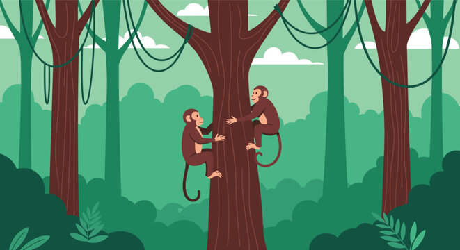 Two playful monkeys climb a large tree trunk in a dense green jungle filled with hanging vines and tropical forest trees.