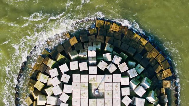 Static top down shows birds resting on Liepaja breakwater amid sea waves