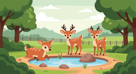 Naklejka premium Group of three deer enjoy a drink of fresh water from a small pond in a beautiful green forest meadow landscape.