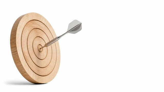 Sleek silver dart perfectly hitting the center of a minimalist solid wood target conceptual representation of planning and organization success physical key performance indicator concept