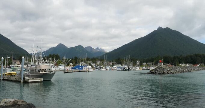 Crescent Harbor in the summertime.Breakwater and boats in Crescent Harbor, Sitka, Alaska.