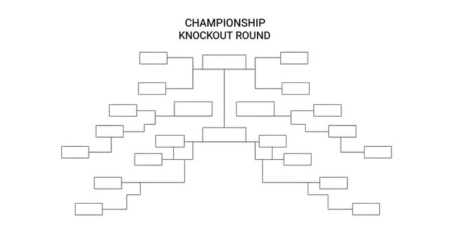 A minimalist black and white championship knockout round tournament bracket chart for competitive.