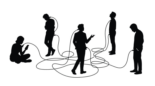 Silhouette of several people connected to long electrical power cables representing human reliance on modern technology