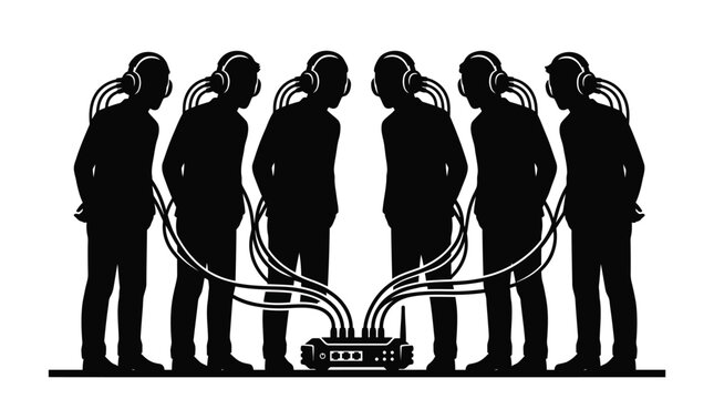 Silhouette of several individuals connected by wires to a central network router for digital data communication