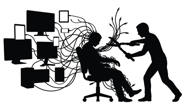 A person cuts digital cables to disconnect from modern technology and reclaim their personal mental peace