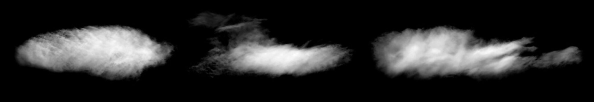 Set Abstract cloud isolated on a black background. Concept effect design smoke fog, smog cloudy cutout, Mist overlay on Sky Summer. white fluffy clouds, dark grey storm condensation.