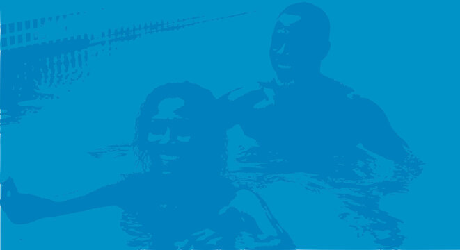 Two people swimming in pool, summer fun, blue water, healthy lifestyle