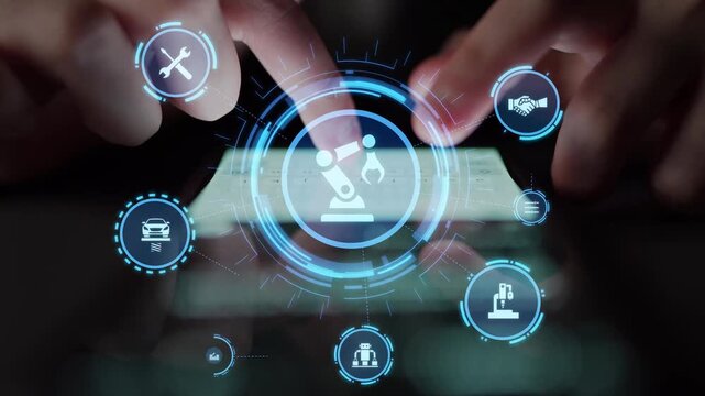 Mechanized industry automation and modern production system with robotic arms, gears, tools and loFunnelics for efficient mechanized industry process. Funnel