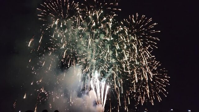 Colorful fireworks explode in the night sky with smoke trails