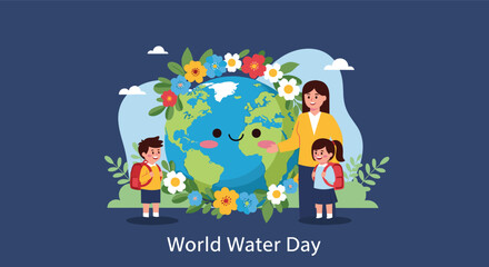 Naklejka premium Teacher and students celebrate World Water Day next to a smiling Earth globe decorated with a colorful flower wreath.