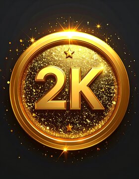 A golden coin with 2K text and sparkles on a black background