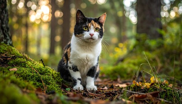 A serene calico cat in a mossy forest setting