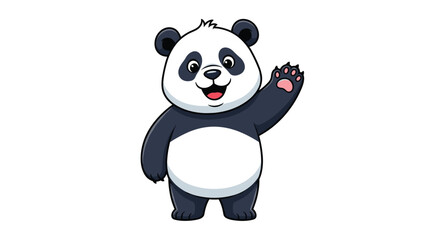 Fototapeta premium Happy cartoon panda stands smiling and waving one paw while isolated on a clean white background in a friendly pose.