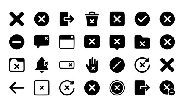 Solid close icons set in UI block style with exit and dismiss button symbols vector