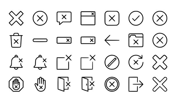 Close icon outline set with exit cancel and dismiss symbols for UI interface design