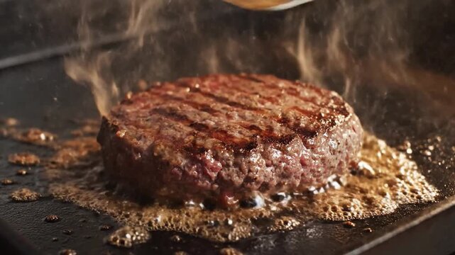A juicy beef burger patty being pressed on a hot grill with steam rising