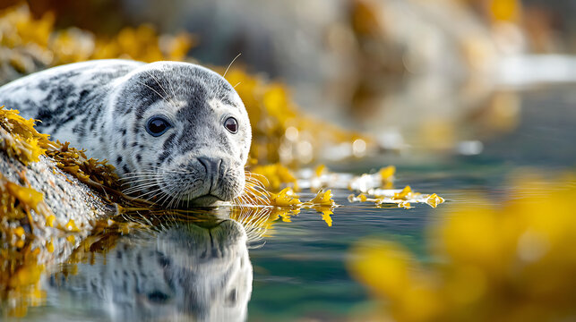 Playful seal glancing from shallow water, soft waves and warm coastal light creating a calm natural scene.
