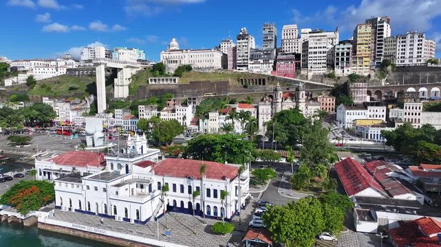 Salvador Skyline In Salvador In Bahia Brazil. Medieval Buildings. All Saints Bay Water. Lacerda Elevator Skyline. Salvador Skyline In Bahia Brazil. Historical Centre. Downtown District.