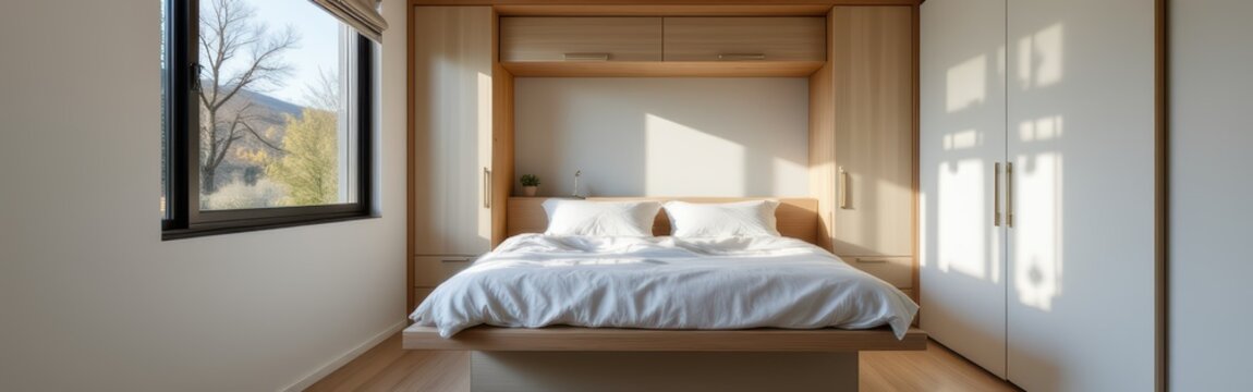 Minimalist bedroom with a Murphy bed, natural light, and a window overlooking trees.