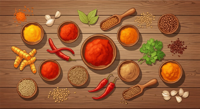 Top view vector illustration of various dried and fresh spices including turmeric powder, chili peppers, garlic cloves, coriander seeds, and bay leaves on a wooden table.