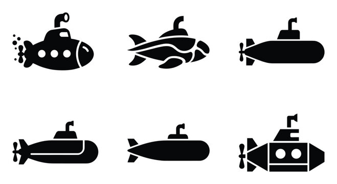 Set of various submarine icons representing submersible vessels for naval, exploration, and travel concepts