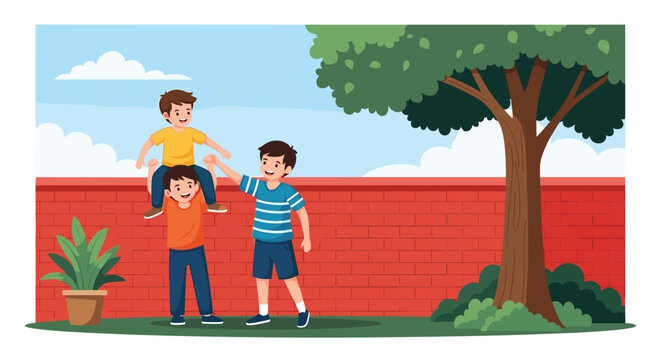 Two young boys play together in a garden area with one giving a shoulder ride to another next to a red brick wall.