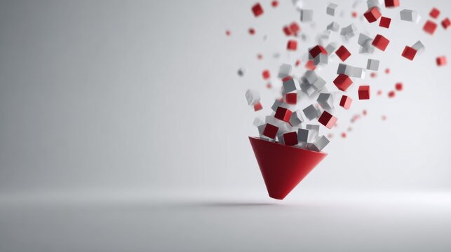 Creative abstract design showing the funneling process with a red funnel and cubes. The design may be representing of data or information going through a process