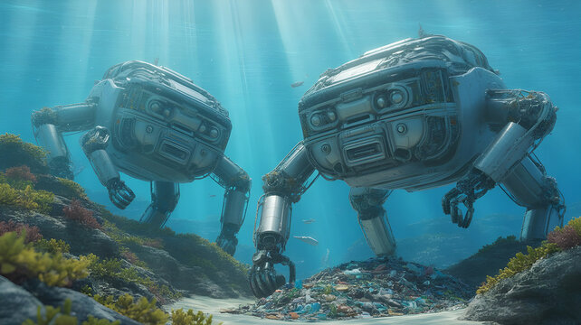 Massive robotic sea creatures made of recycled metal and plastic cleaning ocean waste, surrounded by clear blue water and thriving marine life, sunlight rays piercing through water, highly detailed