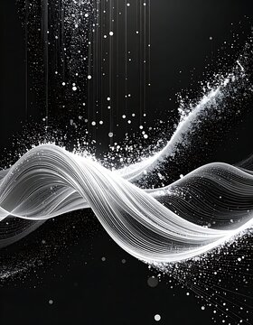 A white waveform with particles on a black background