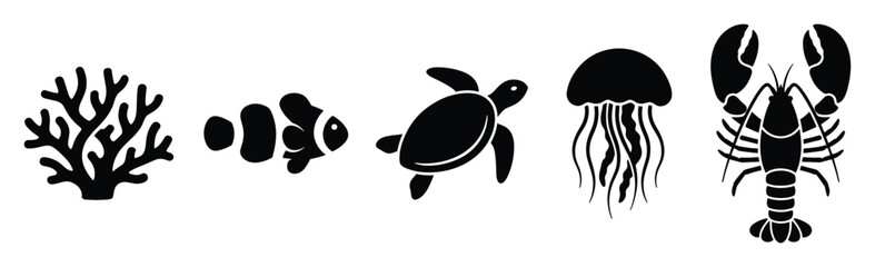 Obraz premium Black silhouettes of various sea creatures and coral reef elements for ocean themed projects