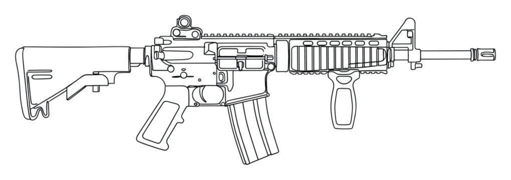 Line drawing of a tactical assault rifle for military and security themed design projects
