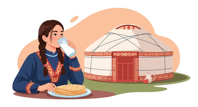 Vector illustration of a young Central Asian woman in traditional embroidered dress drinking milk and eating flatbread sitting outdoors in front of a nomadic yurt tent.