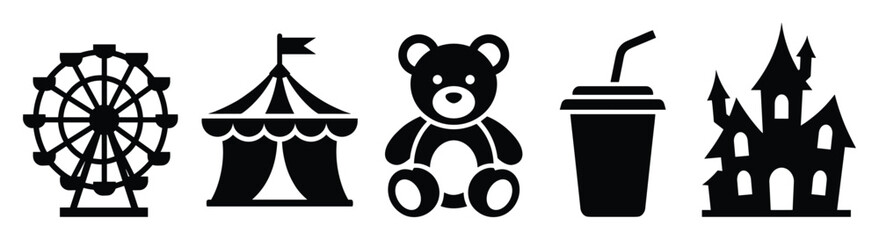 Naklejka na ściany i meble Entertainment themed graphic set featuring ferris wheel circus tent teddy bear drink and haunted house perfect for childrens event decorations