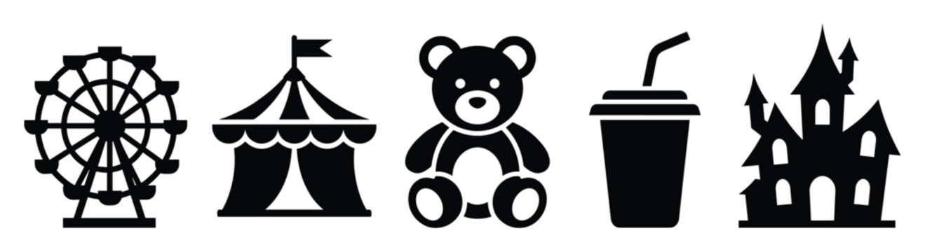 Entertainment themed graphic set featuring ferris wheel circus tent teddy bear drink and haunted house perfect for childrens event decorations