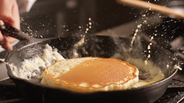 Chef flipping a golden brown pancake in a cast iron skillet for breakfast
