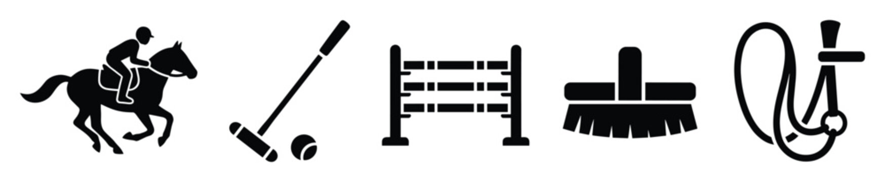 Equestrian sport and horse riding equipment icons featuring polo, jump, brush, and lasso