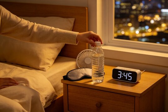 Bedside table with items and person reaching for water