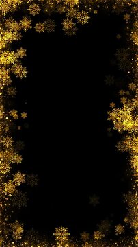 Golden winter snow frame background with glowing flakes, festive glitter, clean copy space. holiday intros, Christmas messages, party invitations, seasonal titles, luxury greetings, celebration video