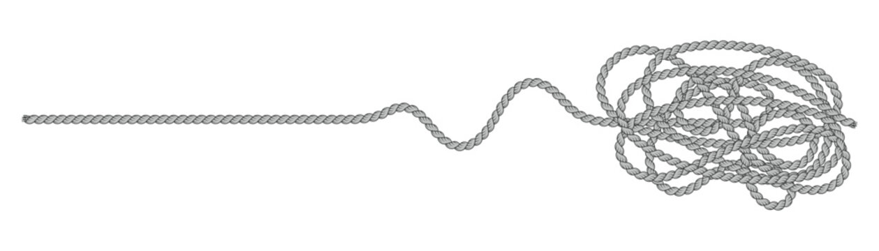 Unraveled rope untangled from knot to straight line vector illustration on transparent background