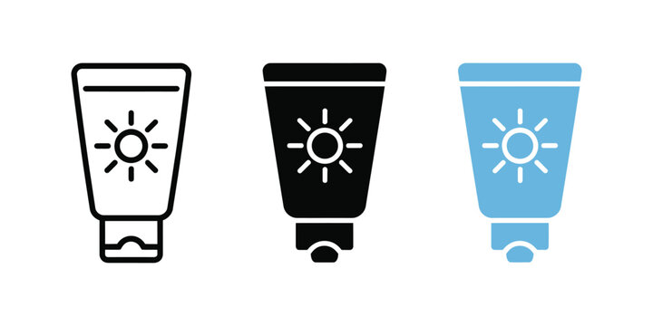 Suntan cream icon vector set in flat featuring sunscreen symbols for skin protection, skincare, and summer care design.