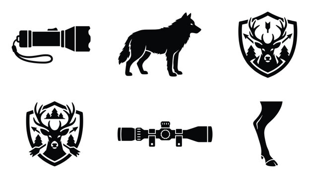 Hunting and outdoor vector icons wolf, deer, scope, flashlight, wilderness symbols.