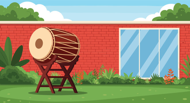 Traditional wooden drum on a stand placed in a green garden in front of a red brick wall and large glass windows.