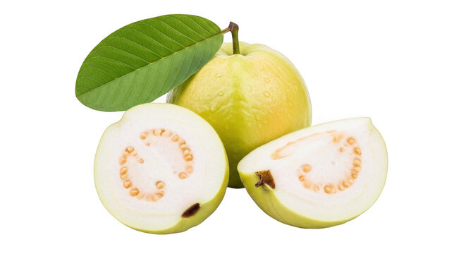Whole yellow guava with a green leaf, alongside a halved and a isolated on transparent background