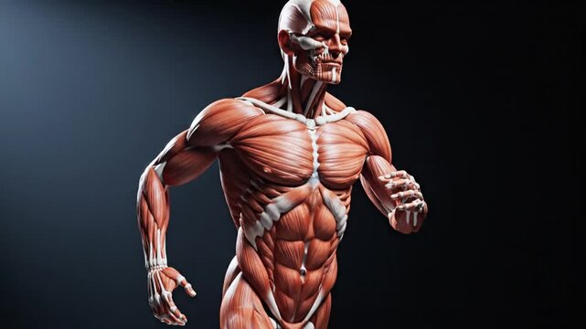 Anatomical human muscle model in running pose against black background