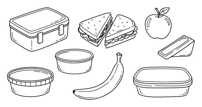 Outline collection of healthy lunch items and food containers for meal prep and school