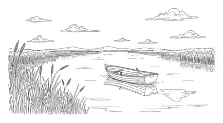 Naklejka premium Tranquil lake landscape with a small rowboat and tall reeds perfect for outdoor nature themed publications
