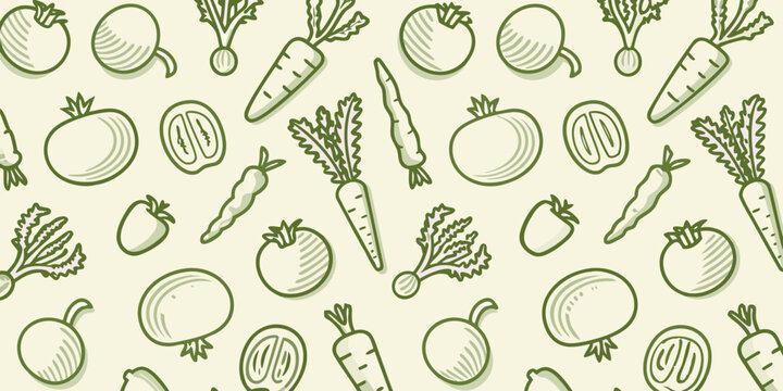 Seamless pattern of hand drawn vegetables including tomatoes carrots and leafy greens on a cream background
