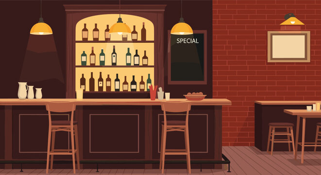 Interior of a classic cozy bar with a wooden counter, high stools, shelves of liquor bottles, and warm lighting.