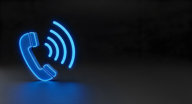 3d blue neon phone icon with signal waves on black background