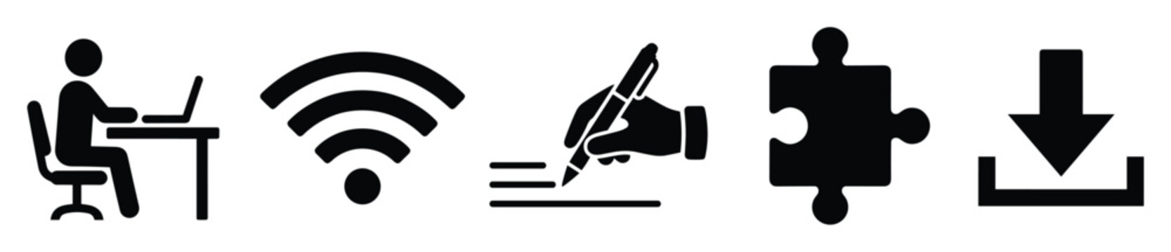 Contemporary digital workplace and online activity pictograms showcasing computer usage internet access document writing and system integration for modern business